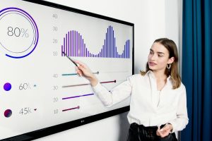 Businesswoman presenting data on a large digital screen in a modern office setting.