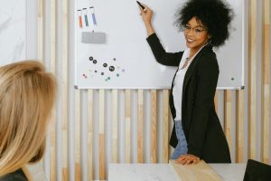 Confident businesswoman leading a presentation using a whiteboard in a modern office.
