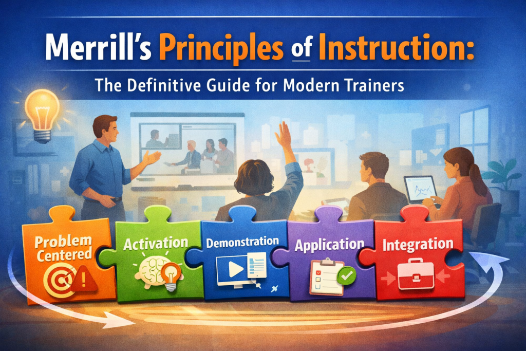 Merrill's Principles of Instruction diagram showing the five core principles: Problem-Centered, Activation, Demonstration, Application, and Integration, with the pebble-in-the-pond model visualization.