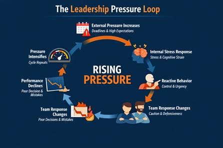 "The Leadership Pressure Loop diagram showing how external pressure triggers internal stress, leading to reactive behaviors, team defensiveness, and declining performance, Leadership under pressure