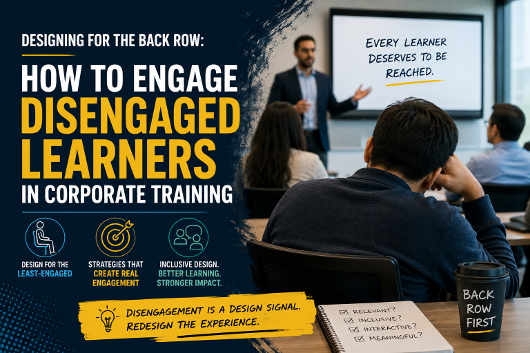 disengaged learners corporate training, back row learners, learner disengagement strategies, inclusive training design, training facilitation techniques, reaching reluctant learners