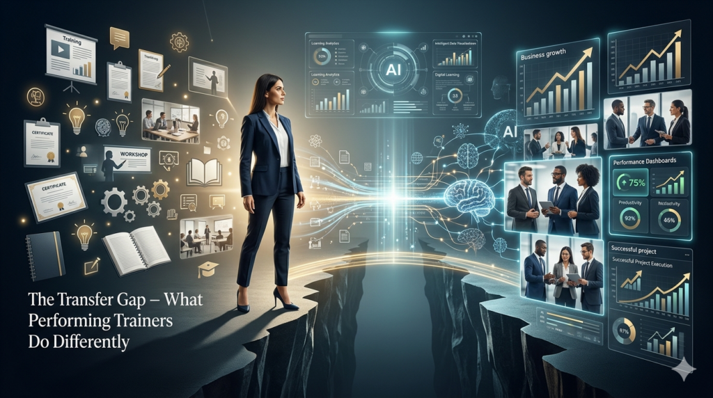 Corporate trainer crossing a bridge between learning and workplace performance, illustrating the transfer gap in corporate training and learning and development.
