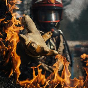 Brave firefighter reaching through intense flames with protective gear and gloves.